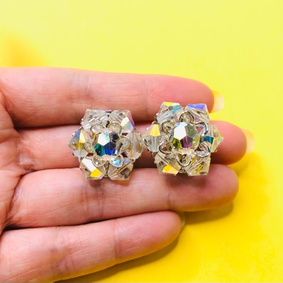 Vintage Pat Pend Signed AB Glass Crystal Clip on Earrings 1960s Silver Tone Base - Picture 2 of 8